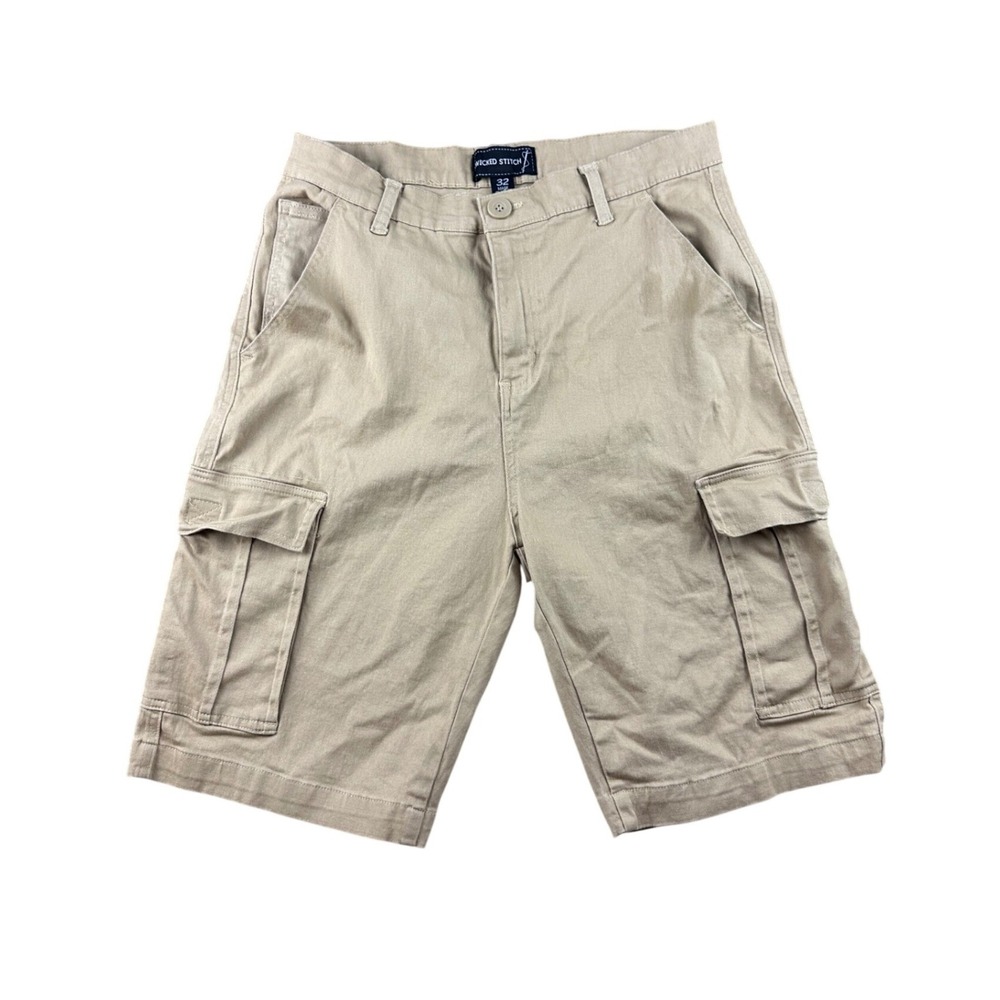 WICKED STITCH Cargo Twill Shorts Men 32 Tan Timber Relaxed Flat Front Utility